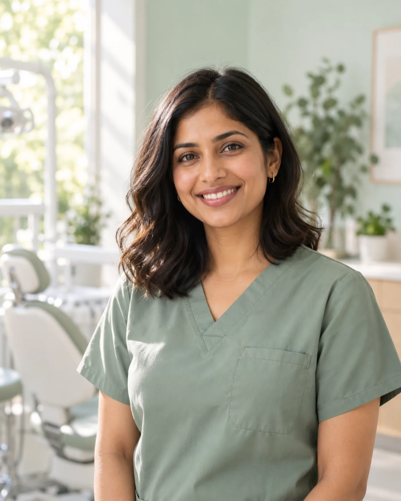 Illustrative friendly dentist in sage scrubs at a sunlit practice