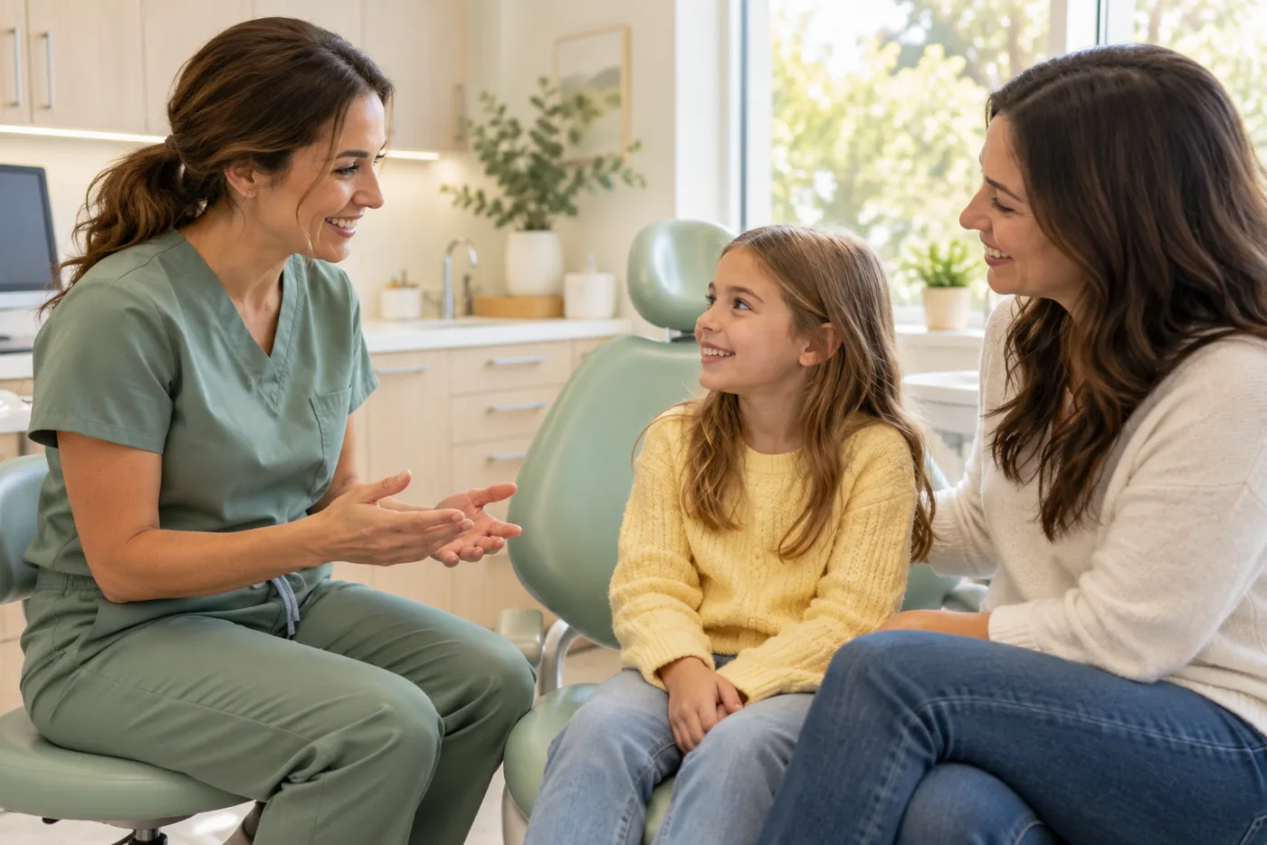 Illustrative dentist talking with a mother and child
